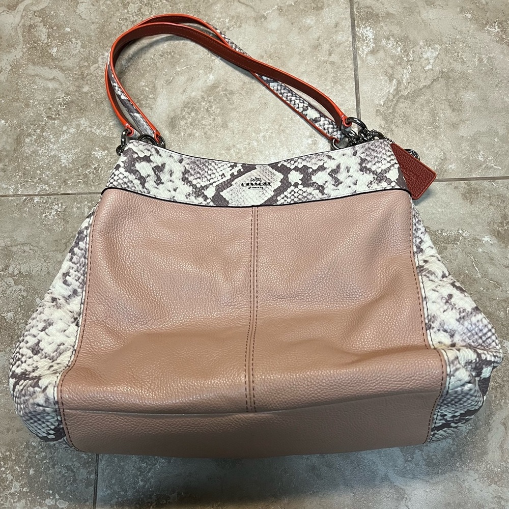 Coach Lexy Blush Peach Leather Shoulder Bag with Snake-Print Trim